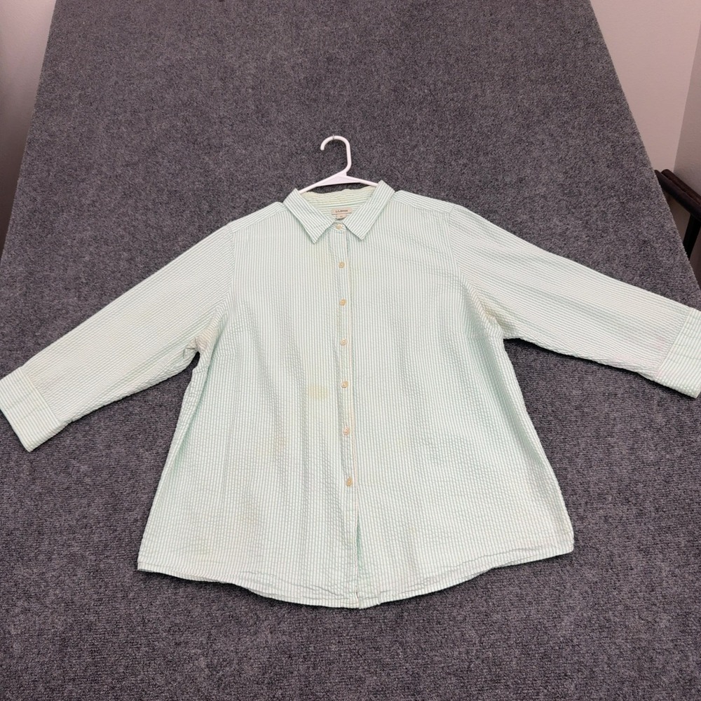 L.L. Bean Shirt Womens 1X Green Cotton Seersucker Striped Button Down Classic